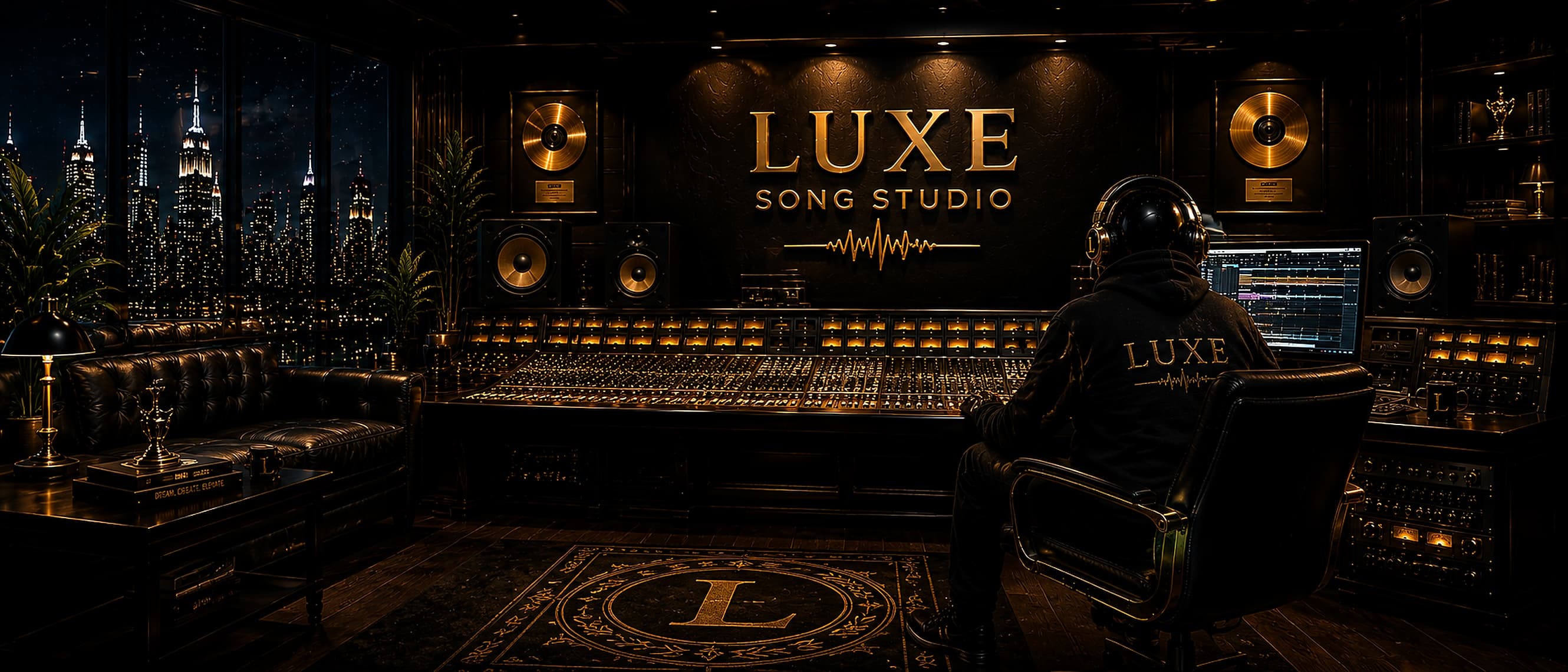 Wide Luxe Song Studio banner with cinematic black and gold studio branding